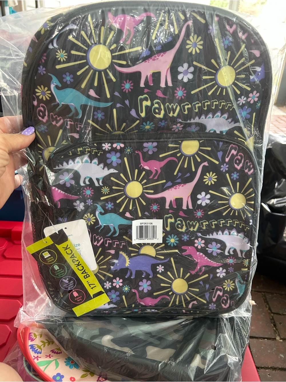 Kids Dinosaur Print Backpack - Black with Pink, Purple & Teal Dinosaurs